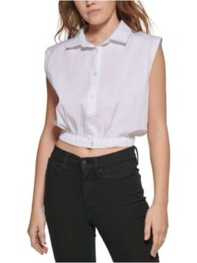 Pizza Italia White Cropped Poplin Button Front Sleeveless Shirt